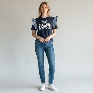 US Air Force Navy Blue Upcycled T-Shirt with Checkered Ruffle Sleeves